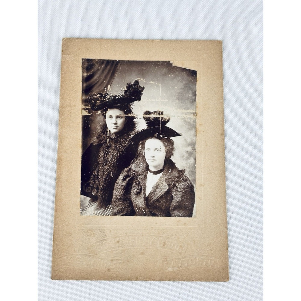 Antique Victorian Cabinet Card Photo Two Women Winter Coats Feather Hats Ohio